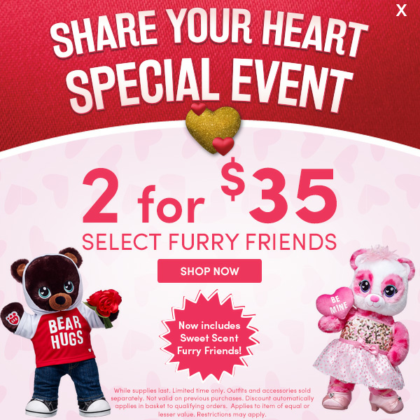 Build A Bear: 2 Select Furry Friends For $35! Get Your Valentine’s Day Bears Now!