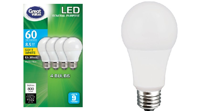 Great Value LED Light Bulbs 8.5W Soft White, 4-Pack Only $5.74! (Reg. $6.44)