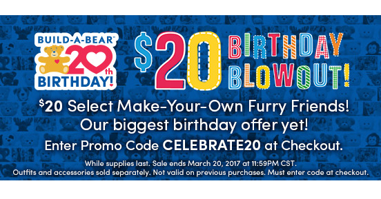 Build-A-Bear: $20 Birthday Blowout TODAY ONLY, March 20th!