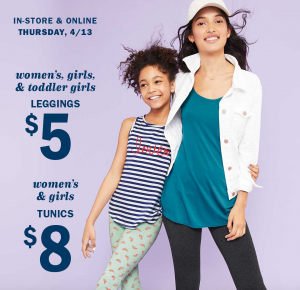 $5.00 Leggings & $8.00 Tunics For Women & Girls At Old Navy Today Only! Plus CardholdersTake 10% Off Your Entire Purchase!