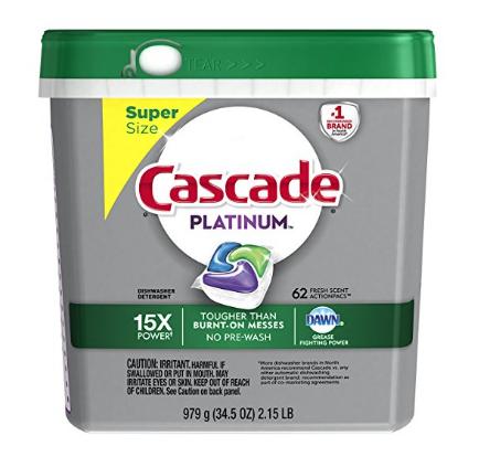 Cascade Platinum ActionPacs Dishwasher Detergent, Fresh Scent, 62 Count – Only $8.24!