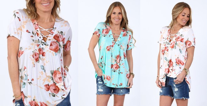 Short Sleeve Lace-up Front Floral Tunic – Just $21.99!
