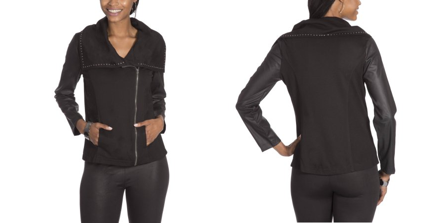 Moda Women’s Knit and Faux Leather Moto Jacket—$7.00! (Reg $22.88)