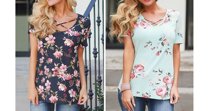Groopdealz: Floral Criss Cross Top Only $16.99! 5 Colors To Choose From!