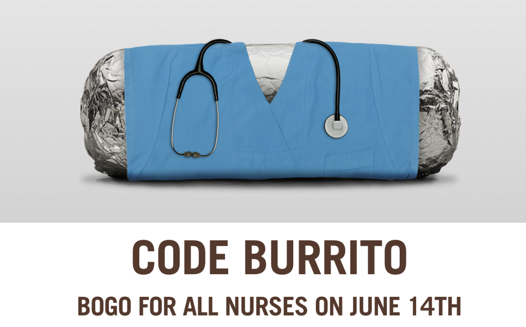 Code Burriton! Buy One Burrito, Bowl, Salad, or Taco Get One FREE For All Nurses At Chipotle June 14th!