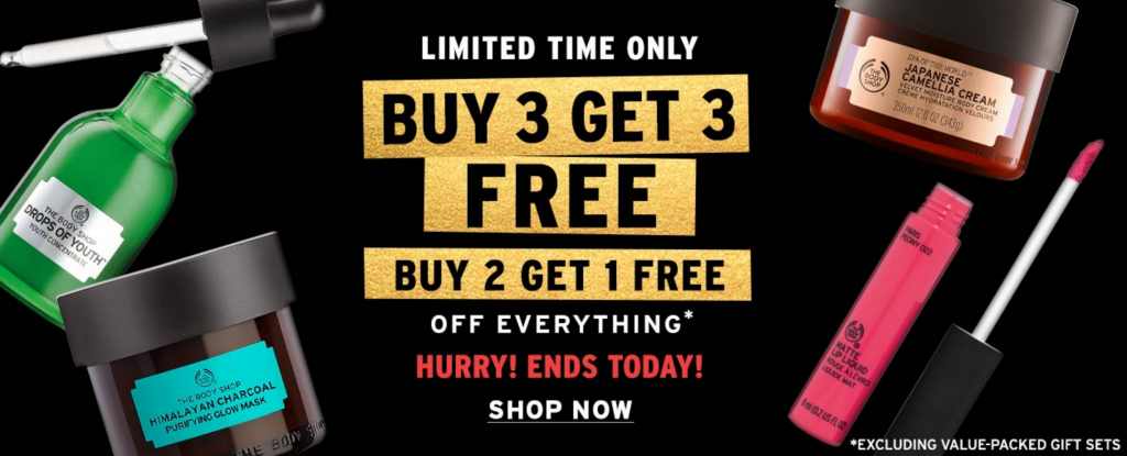 Stock up! Buy Three Get Three FREE & FREE Shipping Today Only At The Body Shop!