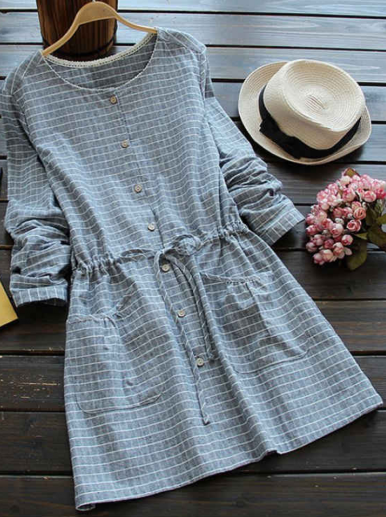 Drawstring Round Neck Checked Button Up Dress Just $12.33 Shipped!