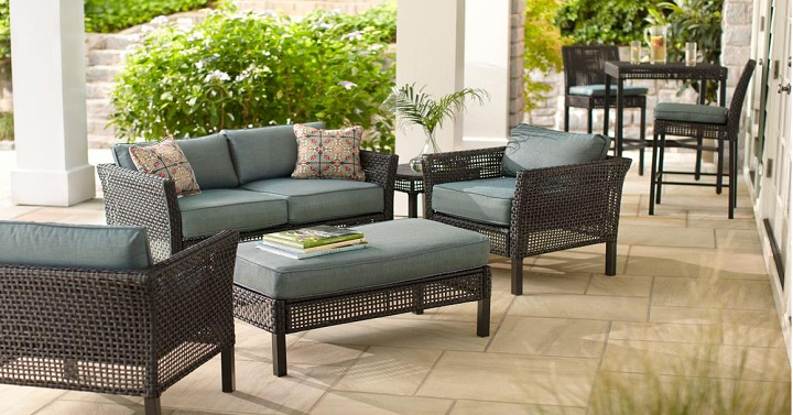 Home Depot Patio Set Sale! Fenton 4 Piece Patio Seating Set with Peacock Java Patio Cushion Only $479.40! (Reg $799.00)