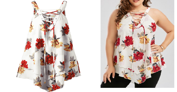 Women’s Plus Size Layered Lace Up Floral Blouse Only $9.45 Shipped!