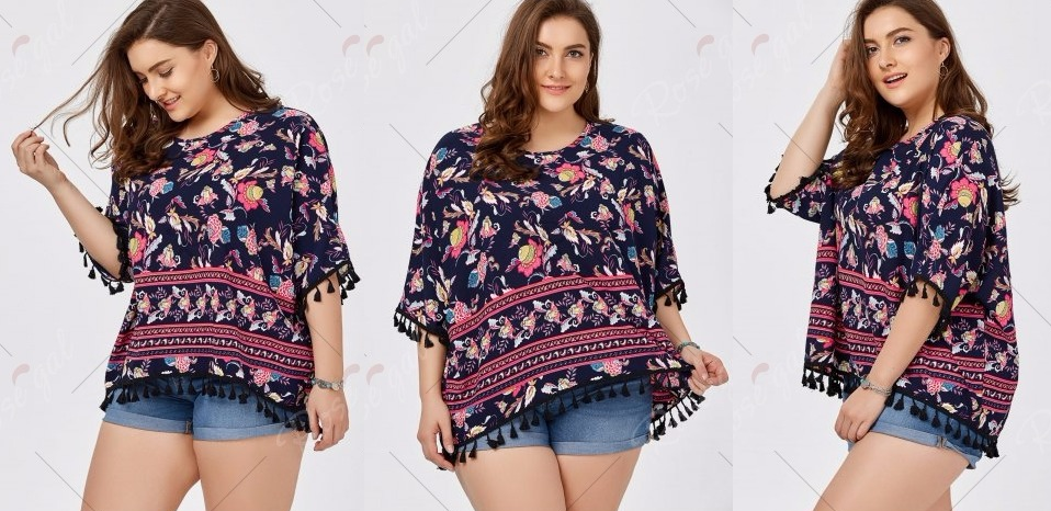Plus Size Dolman Sleeve Floral Tassel Tunic Top Only $8.36!