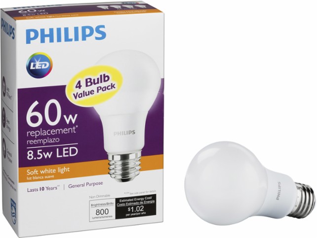 Philips 800-Lumen, 8.5W LED Light Bulb, 60W Equivalent (4-Pack) – Just $3.99!