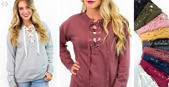 Jane: Lace Up Sweatshirt Only $19.99! Multiple Colors To Choose From!