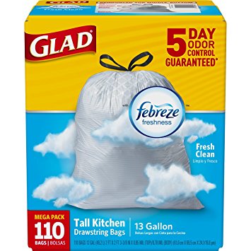 Glad OdorShield Tall Kitchen Drawstring Trash Bags (Febreze Fresh Clean) 110 Count Only $9.42!