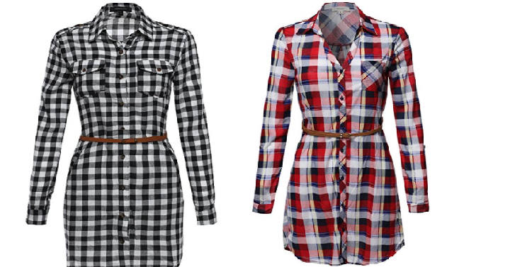 Women’s Long Sleeve Button Down Plaid Dress w/Attached Belt Only $19.99!