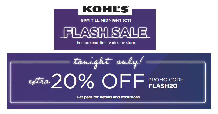 TONIGHT ONLY!!! Kohl’s FLASH CODE!!! Take 20% Off PLUS Take 20% Off Markdowns! Spend Kohl’s Cash! Stack Codes!