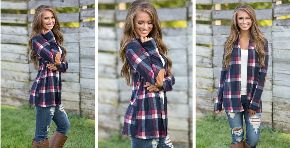Trendy Plaid Navy Boutique Cardigan With Elbow Patch – Only $28.99!
