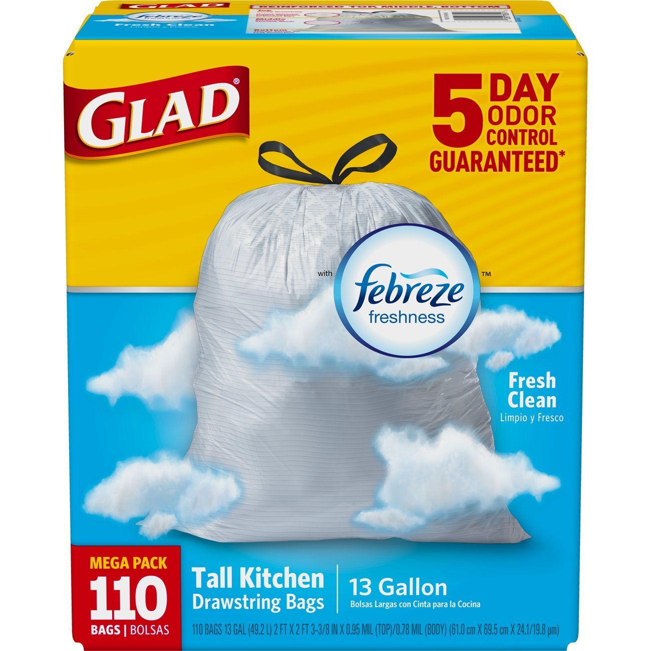 Glad OdorShield Tall Kitchen Drawstring 13 Gallon Trash Bags Febreze Fresh Clean—$12.56 for 110!