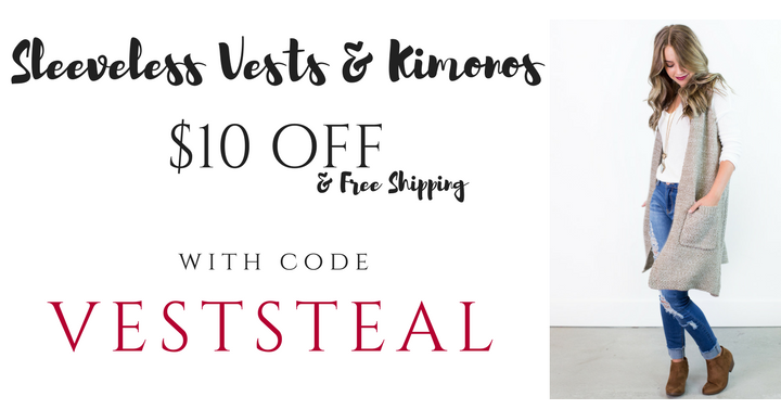 Style Steals at Cents of Style – Sleeveless Vests & Kimonos for $10 Off! FREE SHIPPING!