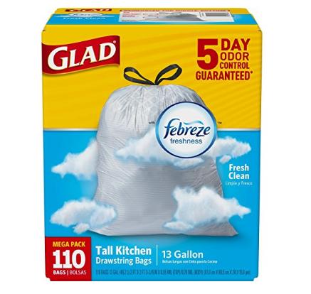 Glad OdorShield Tall Kitchen Drawstring Trash Bags Febreze Fresh Clean 13 Gallon (110 Count) – Only $12.41!