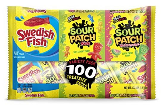 Sour Patch Kids & Swedish Fish Halloween 100 Count Treat Size Variety Pack (Original, Watermelon, & Swedish Fish), 3.3 Pound Bag – Only $10.71!