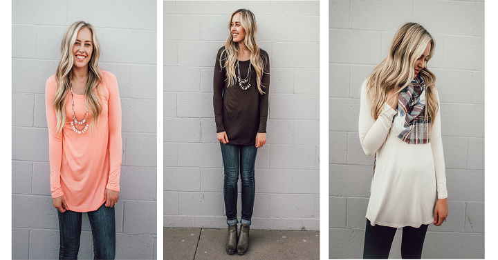 Jane: Fall Long Sleeve Solid Tunic Only $14.99!