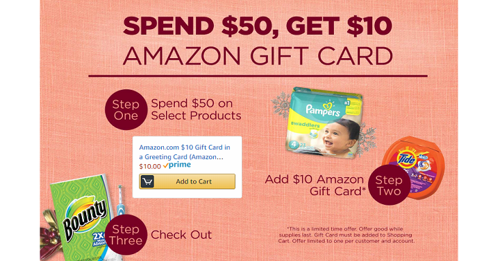 Amazon: FREE $10 Gift Card With $50 P&G Purchase! (Save On Pampers, Bounty, Tide & More)