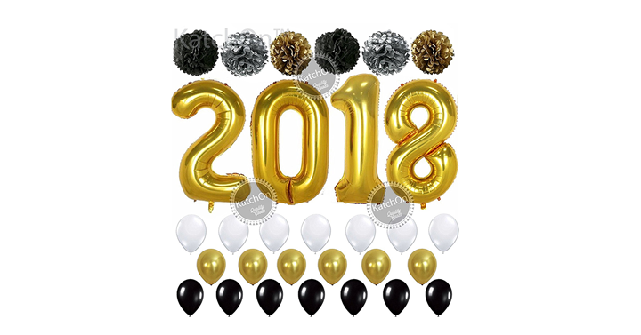Giant Gold 2018 Balloons with Gold Black Silver PomPoms and Gold Black and White Balloons – Just $19.97!