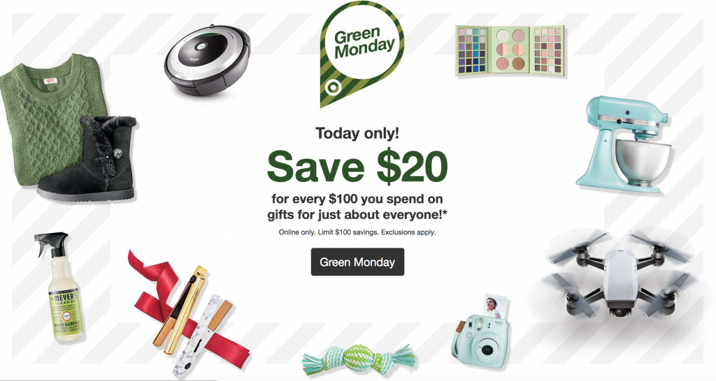 Green Monday at Target! Save $20 Off Every $100 Spent TODAY ONLY!