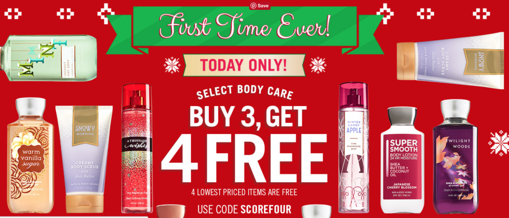 Bath & Body Works: Buy Three Get FOUR Free! First Time Ever! Today Only!