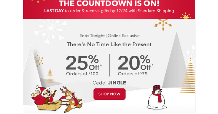 Disney Store: Save 20% on $75 Or Save 25% on $100 Purchases! LAST Day for Standard Shipping!