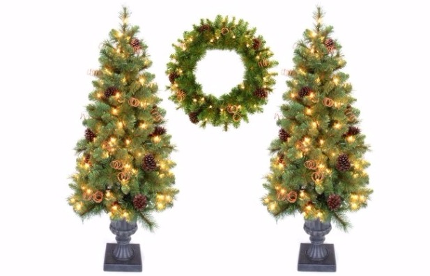 TWO 4 ft. Potted Christmas Trees and 24 in. Wreath With Clear Lights Only $39.99! Save 50% on Select Holiday Decor at Home Depot!