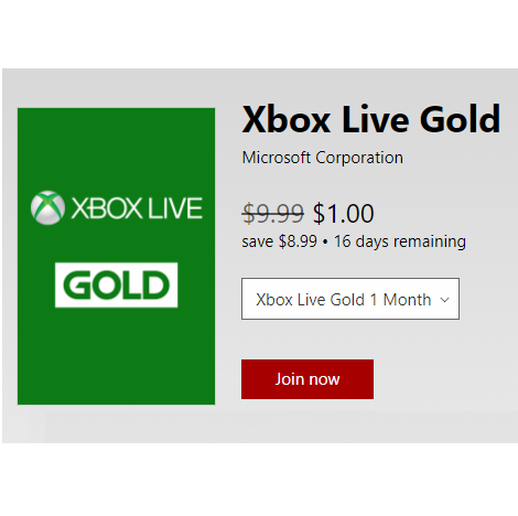 1 Month Xbox Live Gold Subscription or Game Pass Only $1.00!