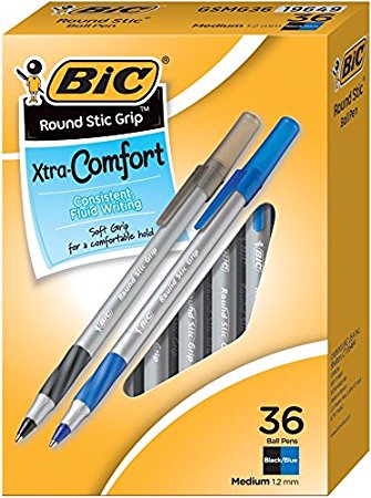 BIC Round Stic Grip Xtra Comfort Ball Pen, Blue and Black Ink, 36-ct Just $2.85!