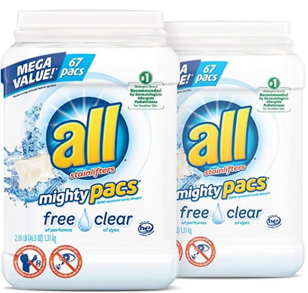 all Mighty Pacs Laundry Detergent, Free Clear for Sensitive Skin, 67 Count (Pack of 2 Tubs) – Only $16.94!