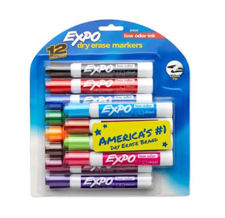 EXPO Low-Odor Dry Erase Markers, Chisel Tip, Assorted Colors (12-Count) – Only $6.28!