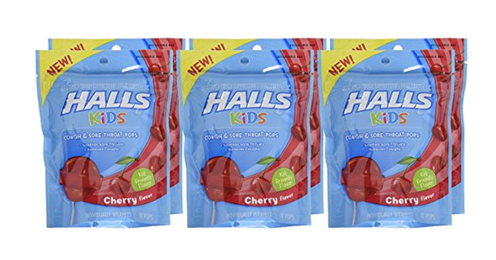 Halls Kids Pops Cough and Sore Throat, Cherry, 10 Count (Pack of 6) – $33.22!