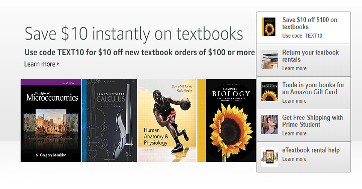 Amazon: Save $10 Off Your $100 or More Textbook Purchase!
