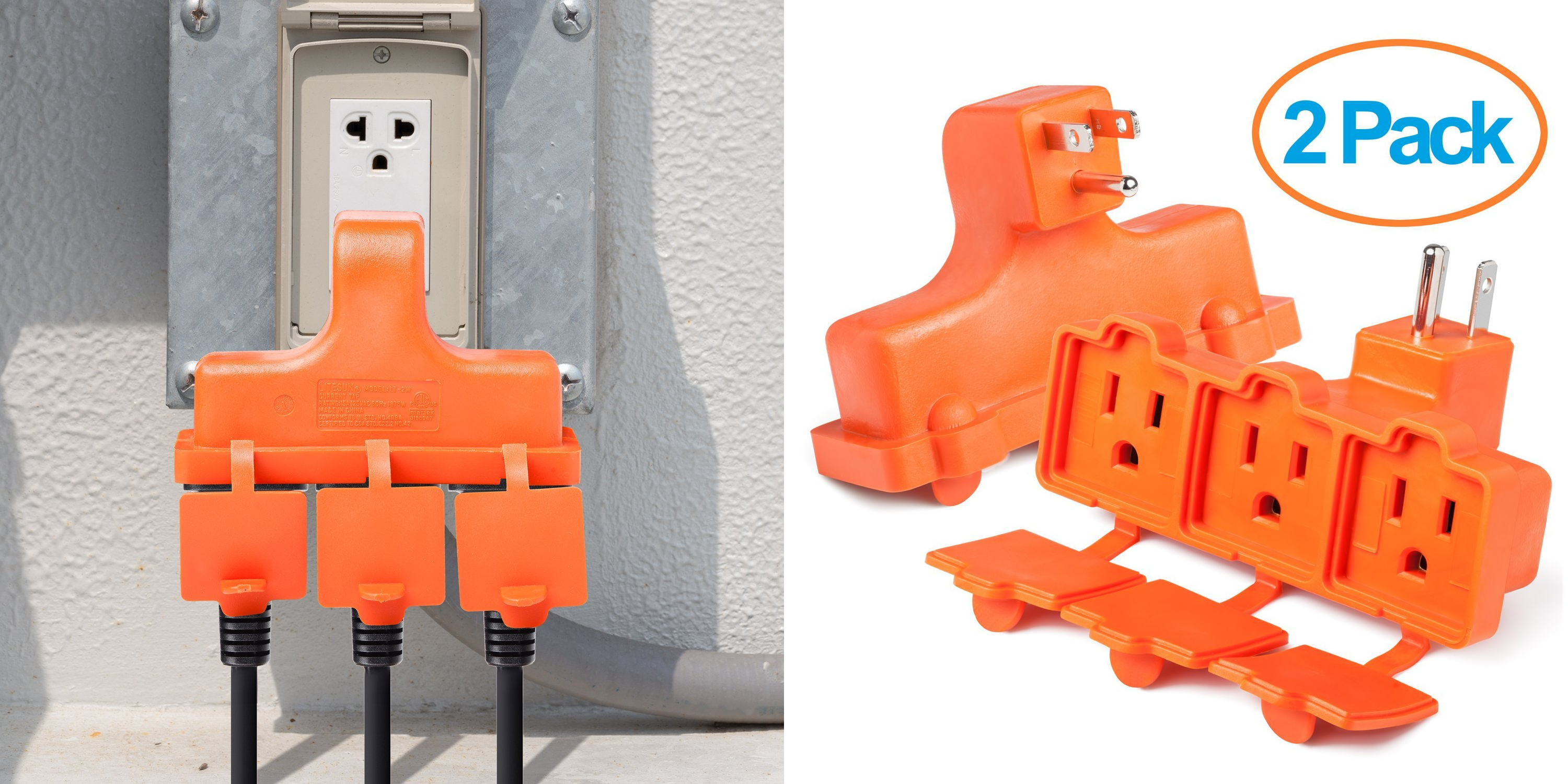 Two Pack of ClearMax 3 Outlet Heavy Duty Indoor Outdoor Power Splitter with Outlet Covers—$4.95!