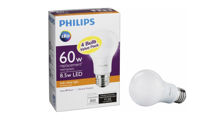 Philips 800-Lumen LED Light Bulb, 60W Equivalent (4-Pack) – Just $4.99!