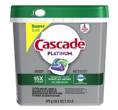 Cascade Platinum ActionPacs Dishwasher Detergent, Fresh, 62 Count – Only $11.36!
