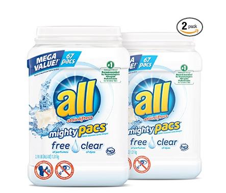 all Mighty Pacs Laundry Detergent, Free Clear for Sensitive Skin, 67 Count, 2 Tubs – Only $11.51!