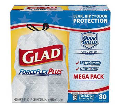 Glad ForceFlexPlus Tall Kitchen Drawstring Trash Bags (80 Count) – Only $9.25!