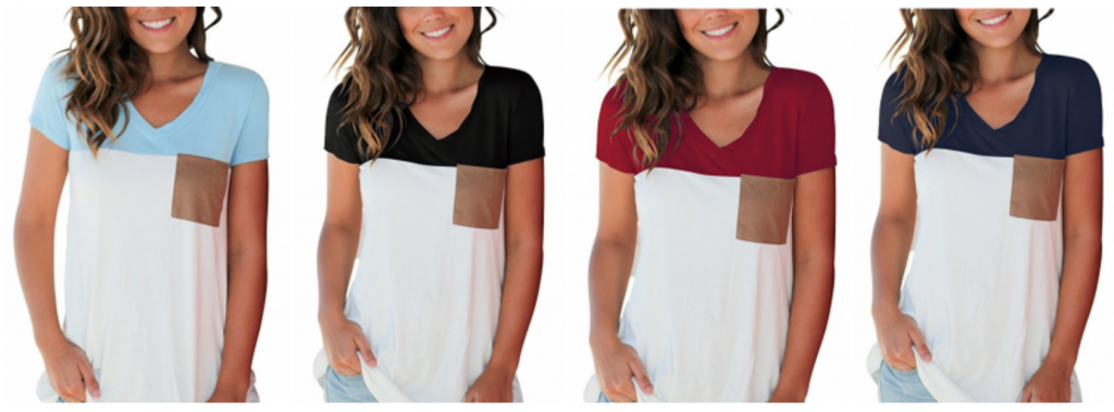 Basic V-Neck Colorblock Tee with Suede Pocket Just $14.99!