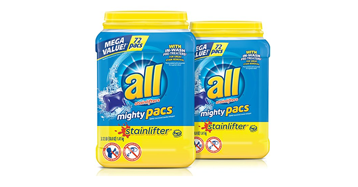 all Mighty Pacs Laundry Detergent, Stainlifter, 72 Count, 2 Tubs, 144 Total Loads – Just $15.03!