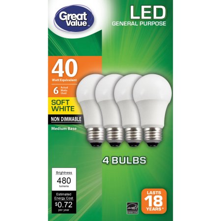 Great Value LED Light Bulbs 6W (40W Equivalent) 4 Pack Only $6.88!