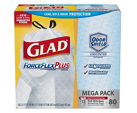 Glad ForceFlexPlus Tall Kitchen Drawstring Trash Bags, Unscented, 80 Count – Only $9.25!