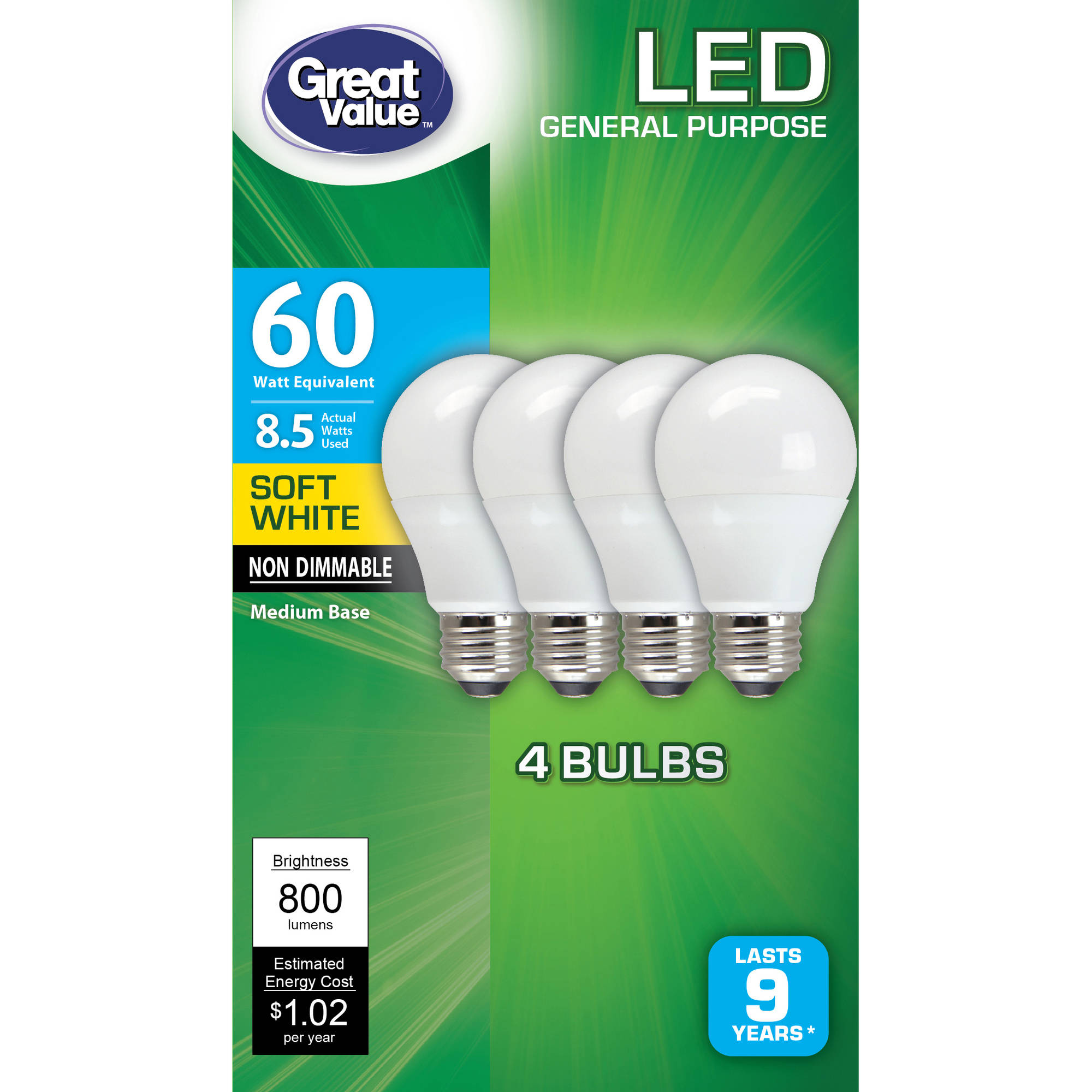 Great Value LED Light Bulbs (60 Equivalent) 4 Count Only $4.97!
