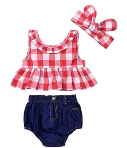 Baby Girls Plaid Ruffle Bowknot Tank Top+Denim Shorts Outfit with Headband as low as $5!