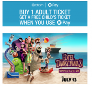 Atom Tickets: Buy 1 Adult Ticket To Hotel Transylvania 3 & Get a FREE Child’s Ticket With Chase Pay