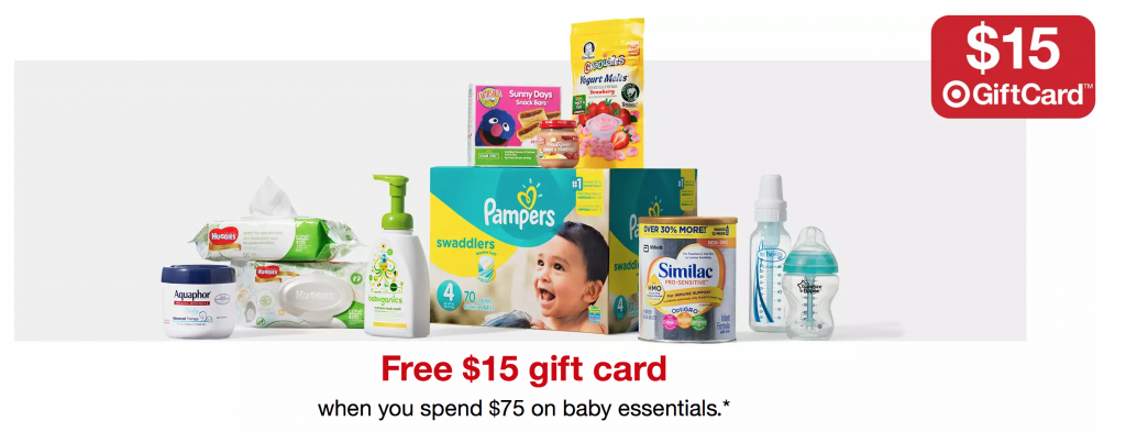 FREE $15 GiftCard With $75 Baby Essentials Purchase At Target! Stock Up On Diapers! FREE $15 GiftCard With $75 Baby Essentials Purchase At Target! Stock Up On Diapers!